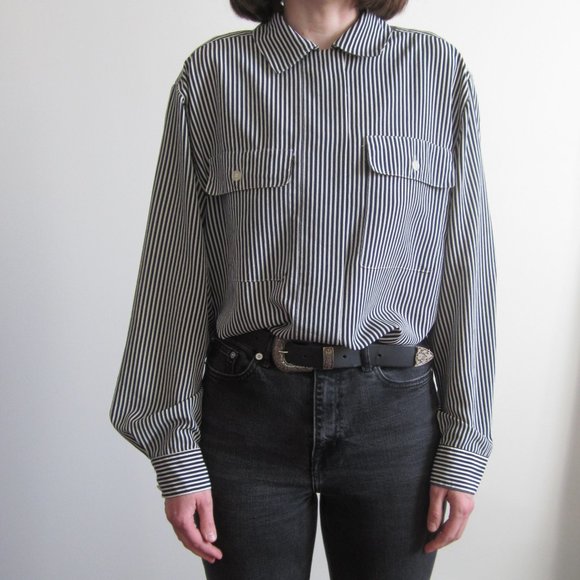 Late 80s-early 90s navy & white striped button-up - Picture 1 of 6